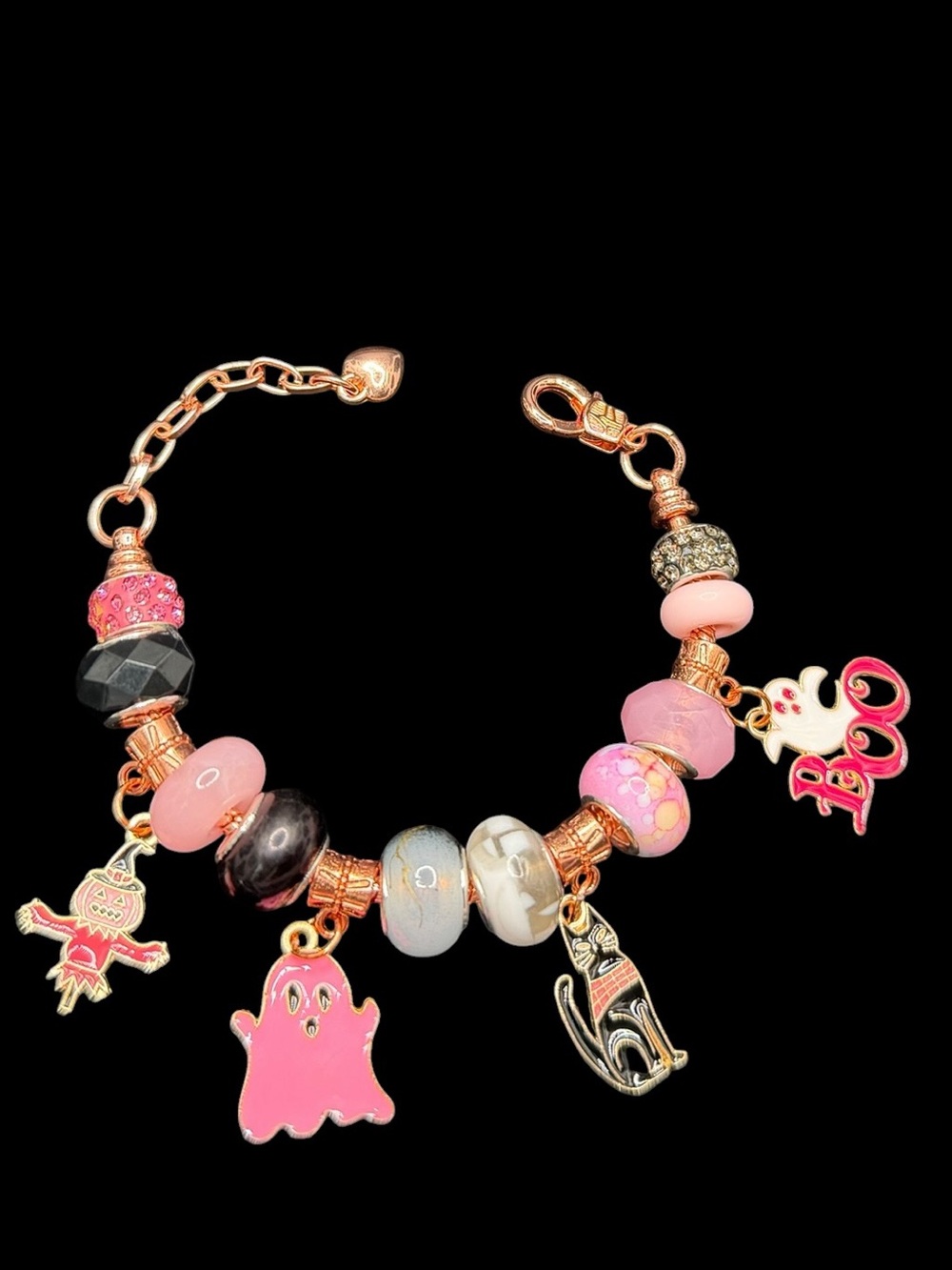 Hand Crafted Pink & Rose-Gold Charm Bracelet with Ghost, Cat & Doll Charms